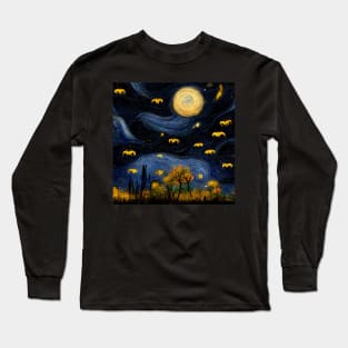 Halloween night with bats Van Gogh style, fall night background design Long Sleeve T-Shirt
